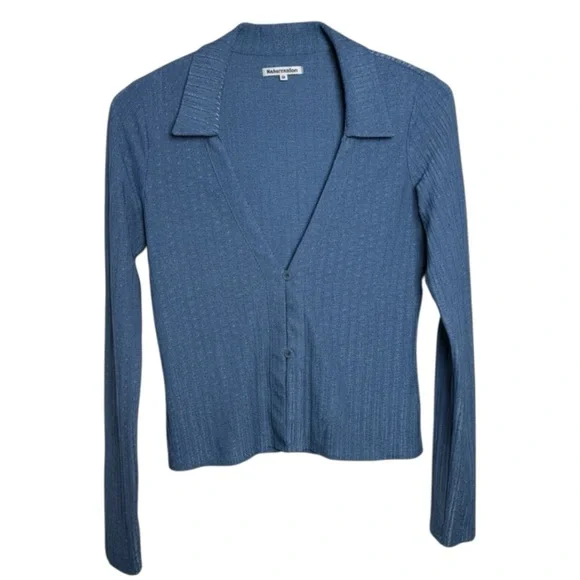 Reformation Shannah Top Size XS Blue Collared Long Sleeve V-Neck - Picture 3 of 8